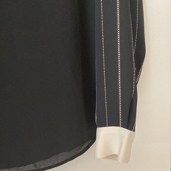 LOFT Long Sleeve Black Top, Sleeves have striped with white and dark tan dots - Picture 3 of 7